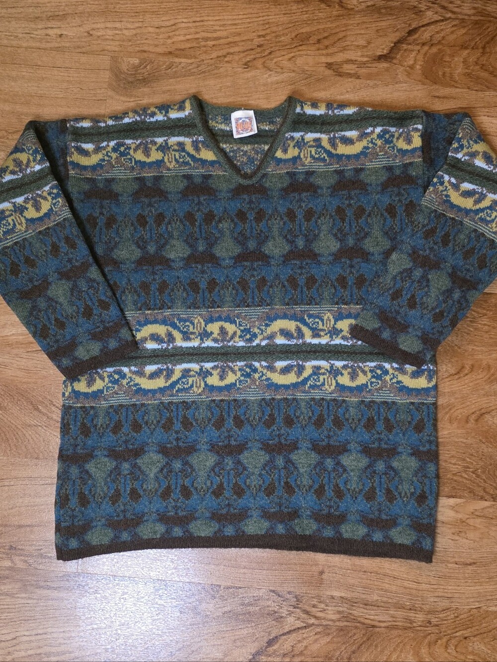 VTG Oilily Teal Multicolor Geometric Knitted Sweater